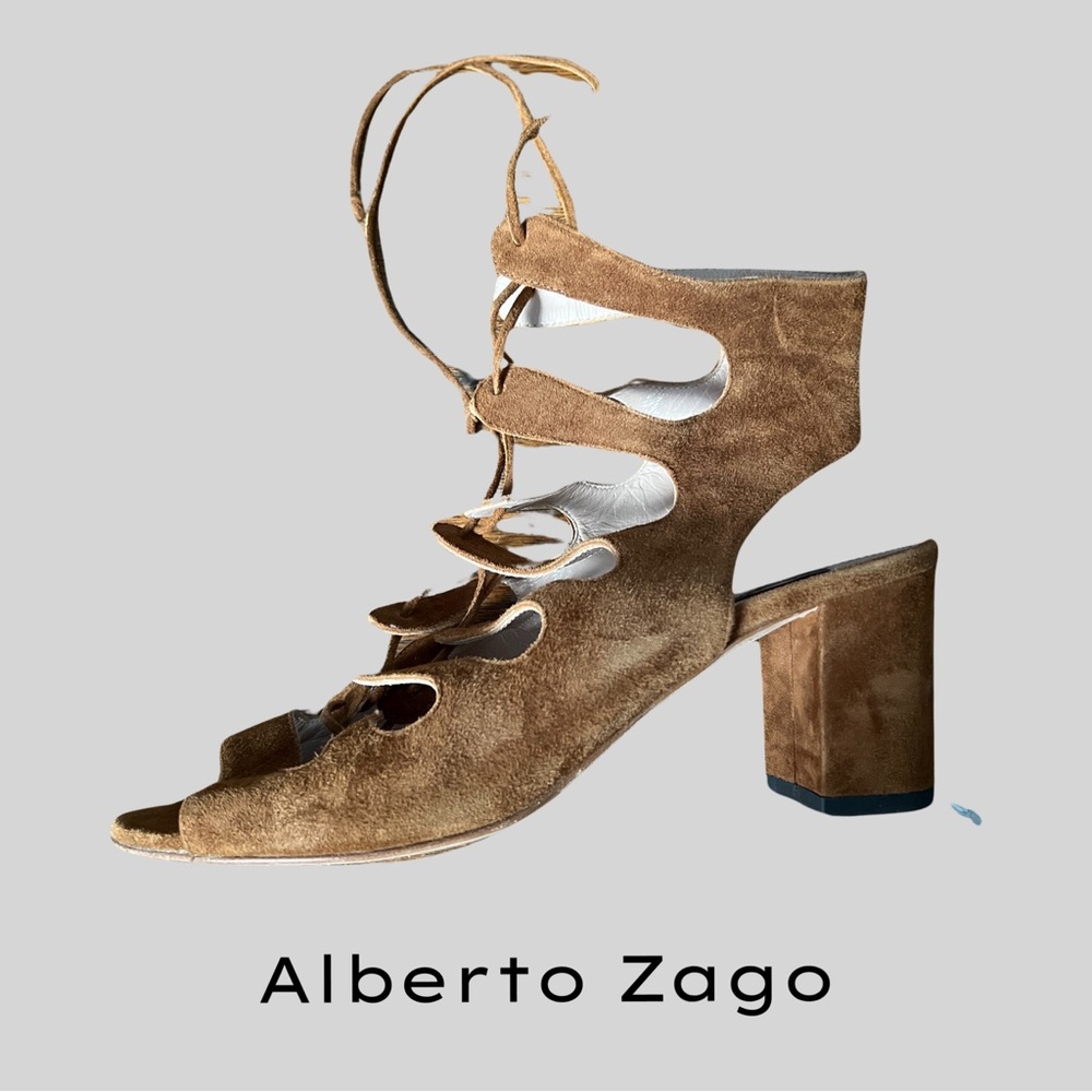 ALBERTO ZAGO TAN SUEDE GLADIATOR BLOCK HEEL SANDALS - SIZE 39